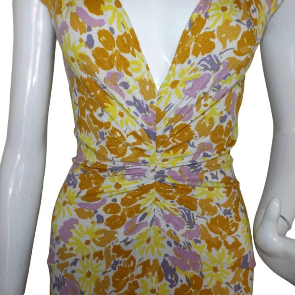 FREE PEOPLE Dress, M, Soft Ribbed, Plunging V,  Yellow/Purple Floral, Cap sleeve - Picture 10 of 14